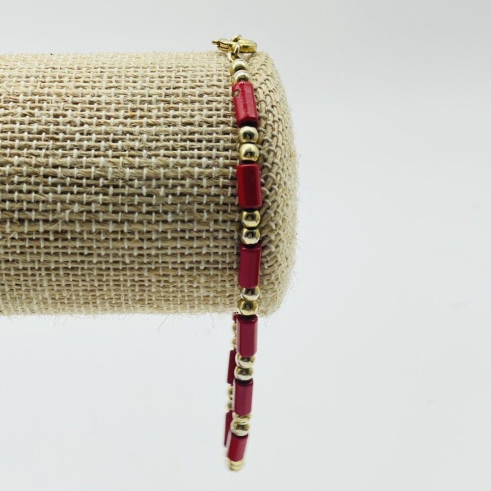 Vintage Signed Korea Red Enamel Gold Tone Link Bracelet